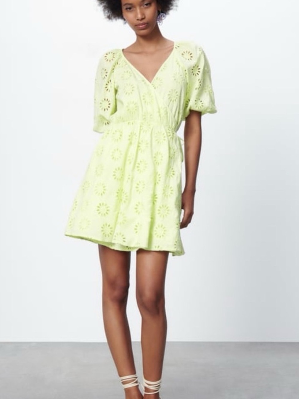Zara - Flower Eyelet Lime Green Summer Mini Wrap Dress